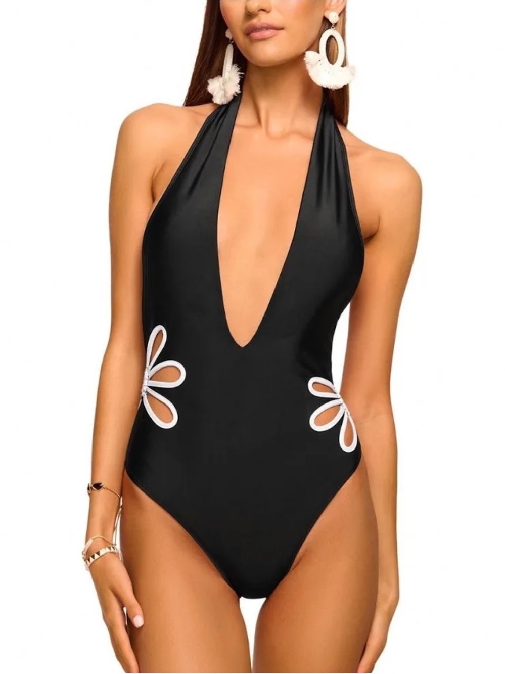 Ramy Brook Black Halter Plunge One-Piece with White Floral Cutouts